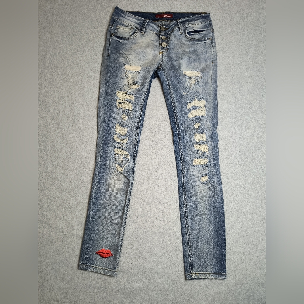 Distressed Blue Jeans With Red Lip Detail for Women